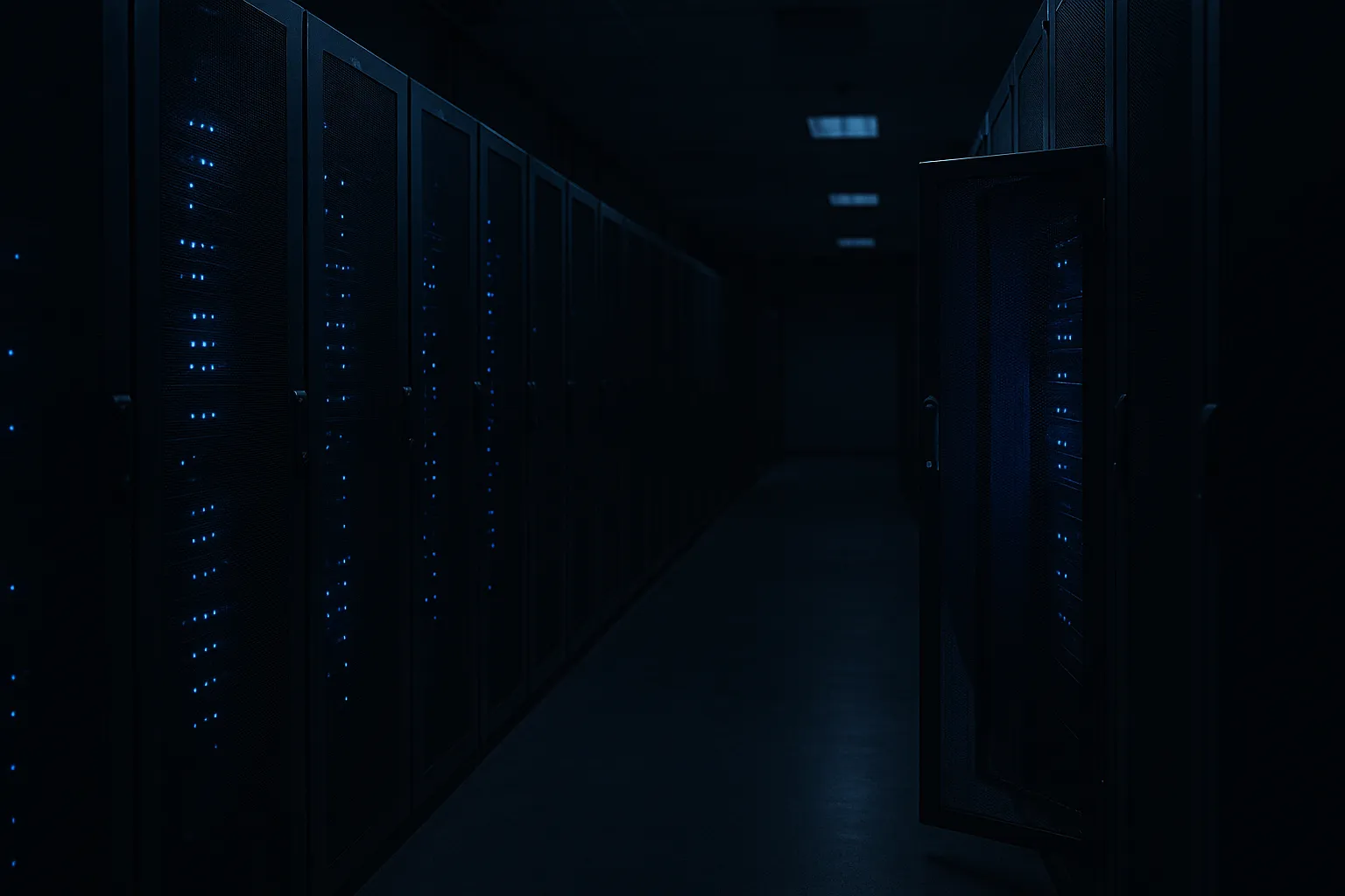 A dim corporate server room corridor with rows of cabinets glowing with blue indicator LEDs, one cabinet door slightly ajar, representing an enterprise antivirus server being repurposed as a malware delivery system