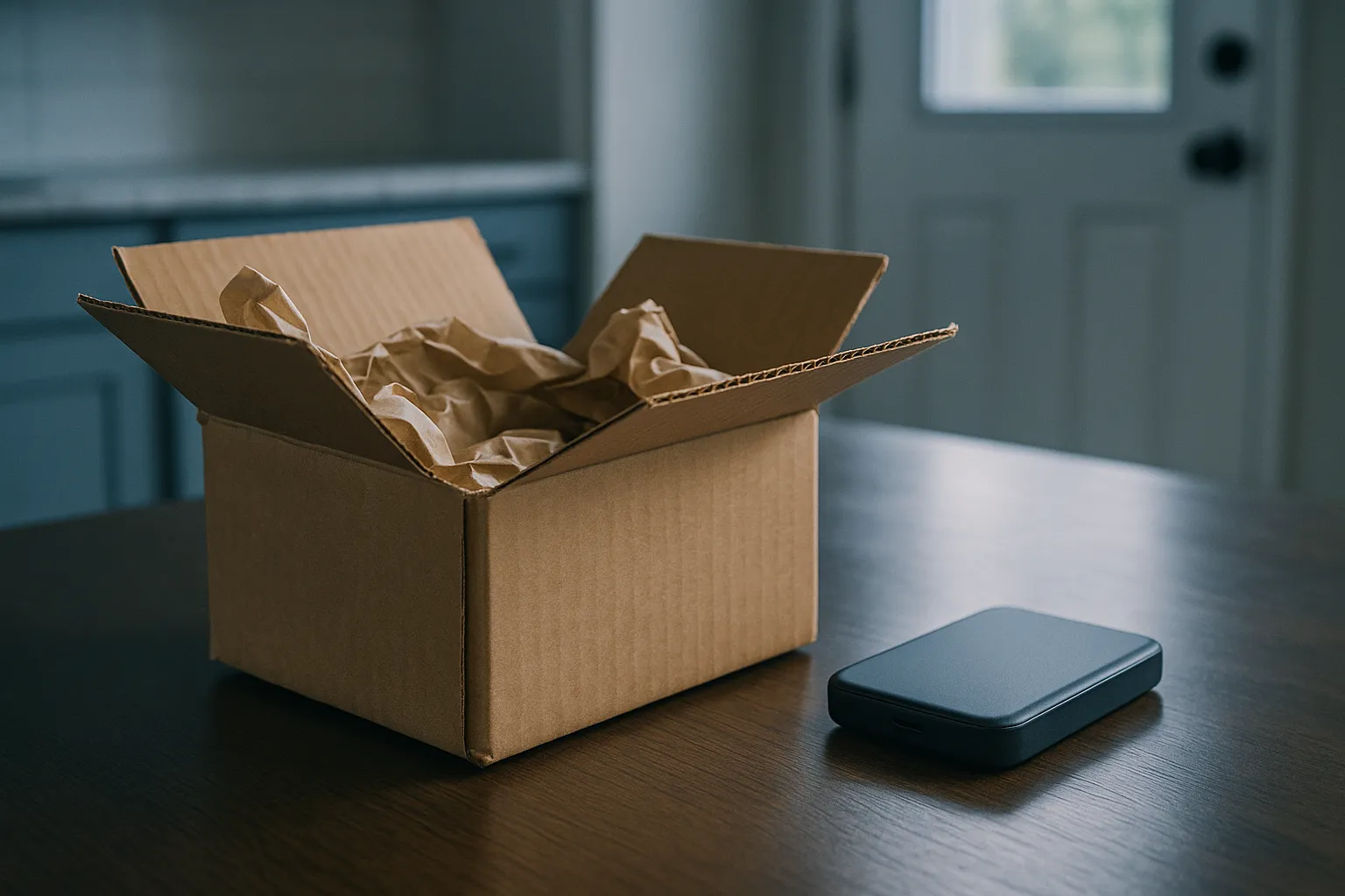 An opened cardboard shipping box with crumpled packing paper on a dark wooden table, a small dark device resting beside it, a front door visible in the background