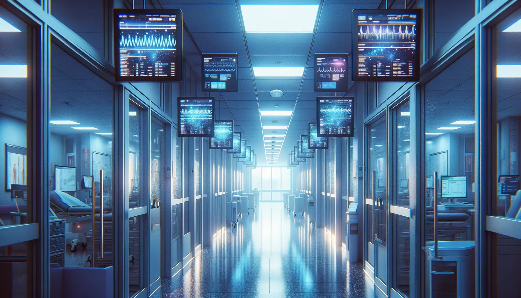 Hospital hallway with electronic medical record screens visible through glass doors with a subtle digital glitch effect on one screen