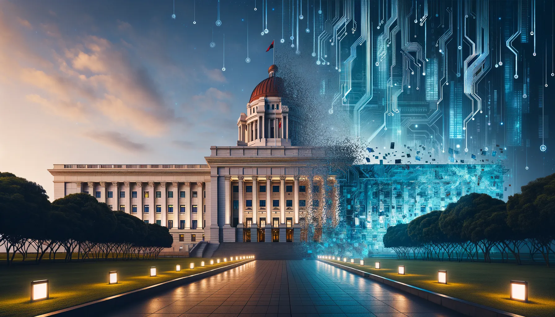 The White House at dusk with fragmented digital data streams overlaying the building, representing the gap between cyber strategy ambition and implementation