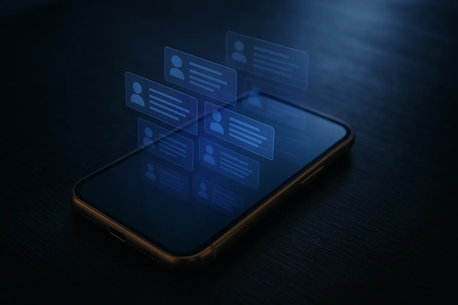 A gold cased smartphone lying on a black desk with abstract blue data fields overlaying the screen, representing customer records exposed through an unauthenticated API endpoint