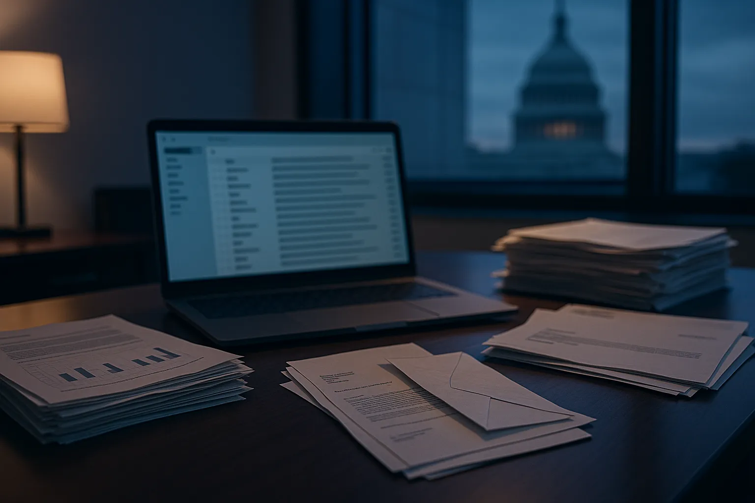 An office desk with paperwork and a laptop showing an email inbox, capturing the operational cost of email fraud on American businesses