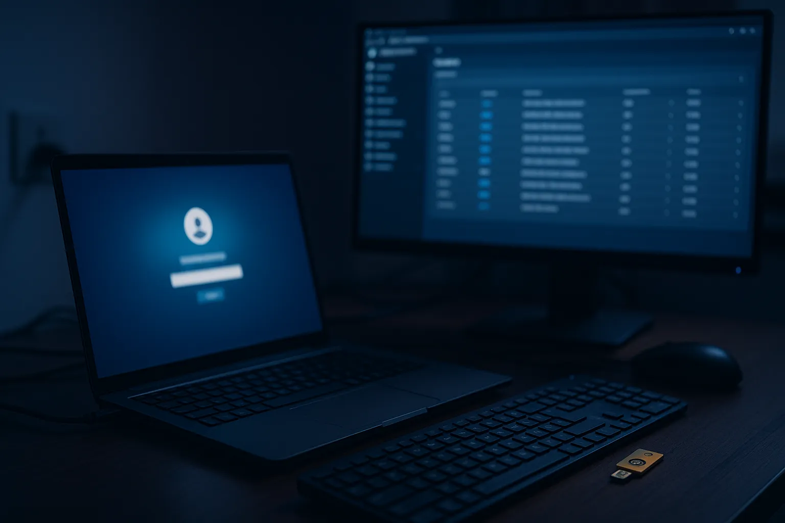 An IT administrator's desk at night with a laptop showing a blurred corporate sign in screen and a hardware security key beside the keyboard, representing a trusted login flow hijacked by a rogue MFA provider
