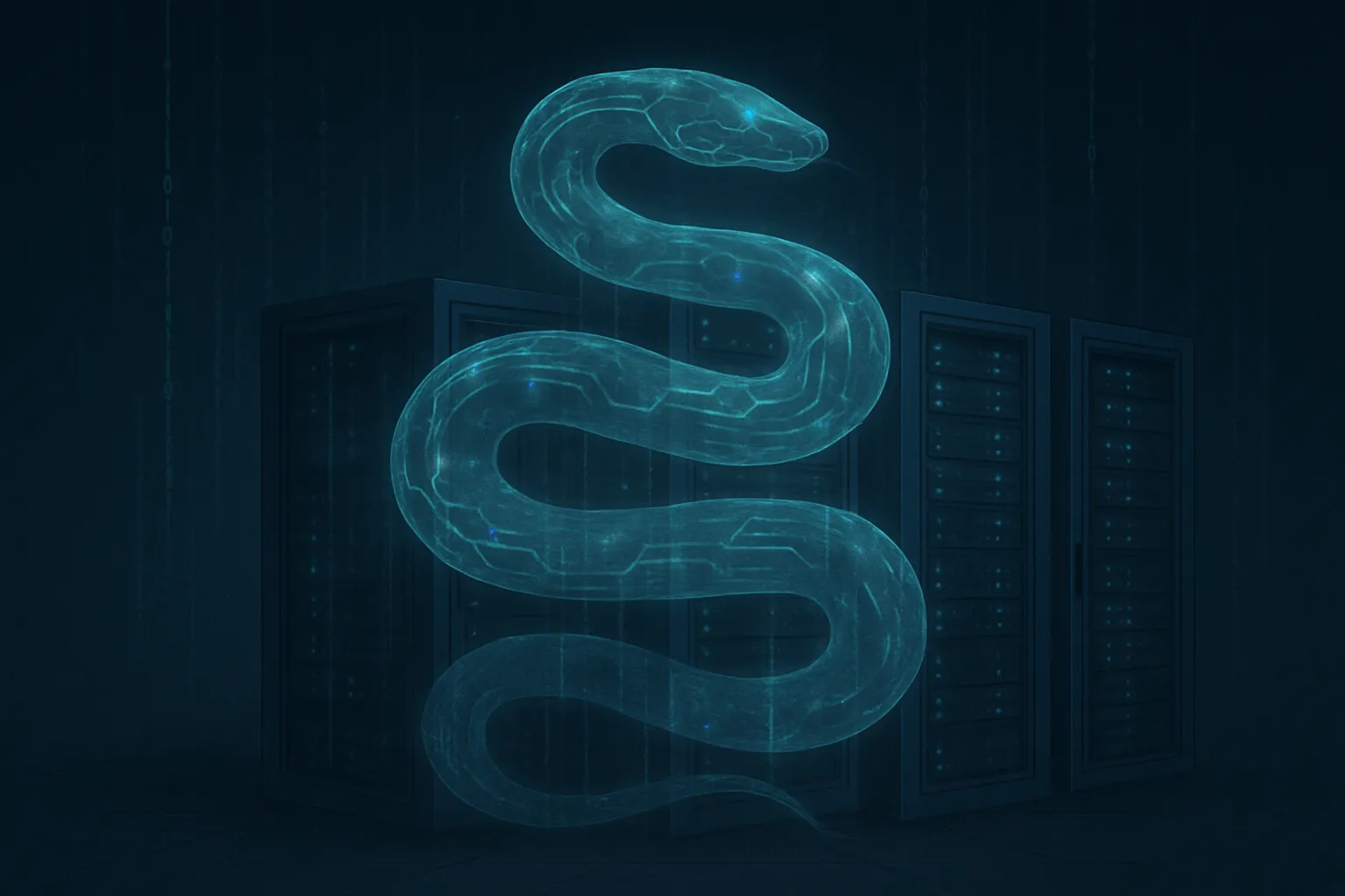 Digital illustration of a coiled snake made of circuit traces and network connections wrapped around server infrastructure, representing the Turla APT group's STOCKSTAY backdoor hiding inside legitimate cloud services