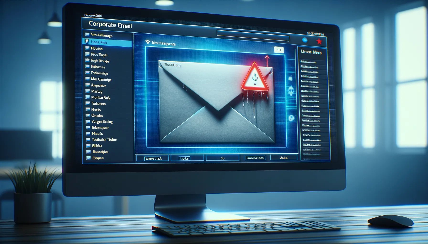 Computer screen showing corporate email inbox with suspicious highlighted email representing phishing threat