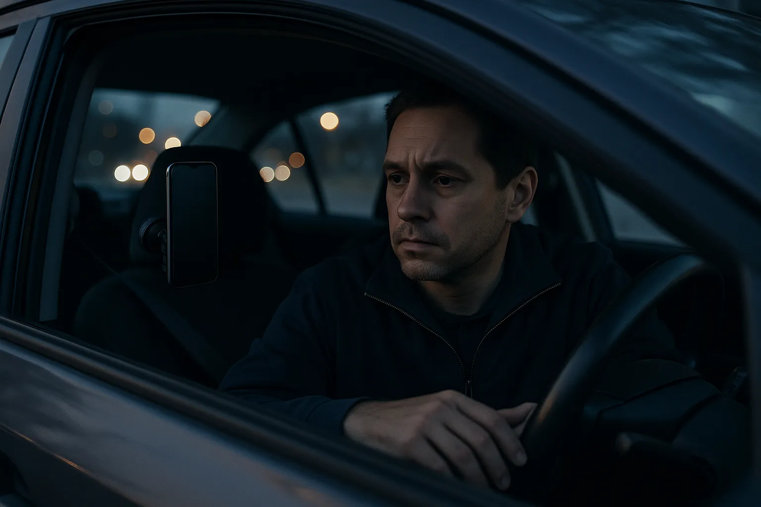 A rideshare driver sits in a parked car at dusk with a blank phone screen mounted on the windscreen, illustrating an account deactivated by automated software