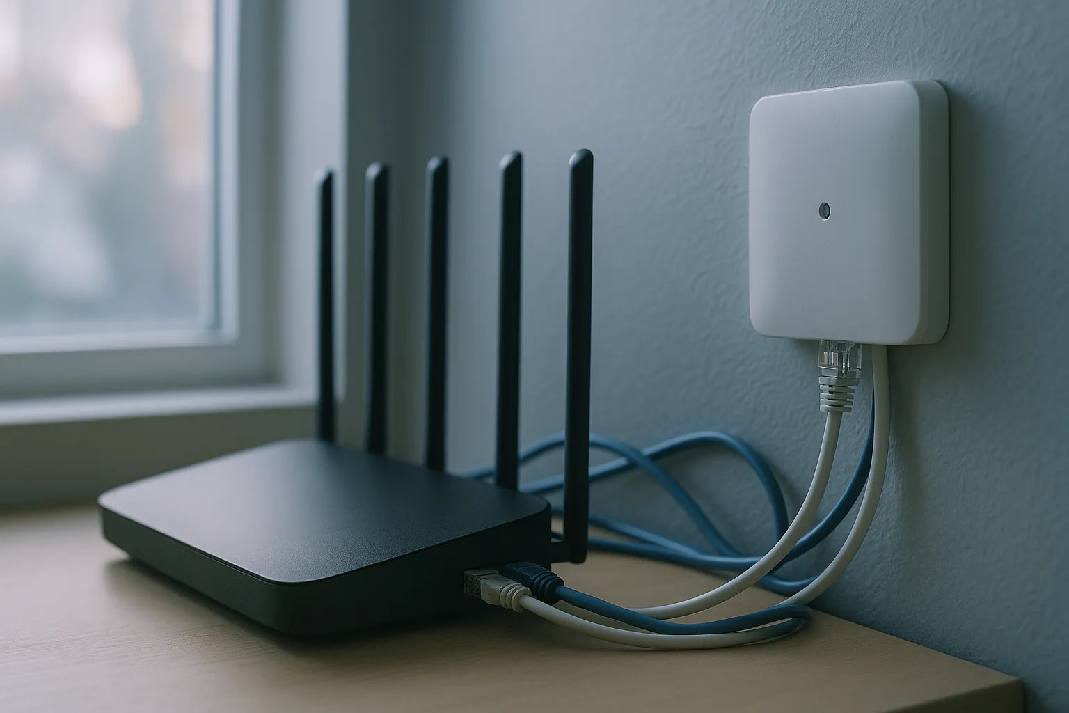 A small office network closet with a wall mounted router and a ceiling access point, ethernet cables coiled neatly, representing the consumer and small business gear vulnerable to unauthenticated remote takeover