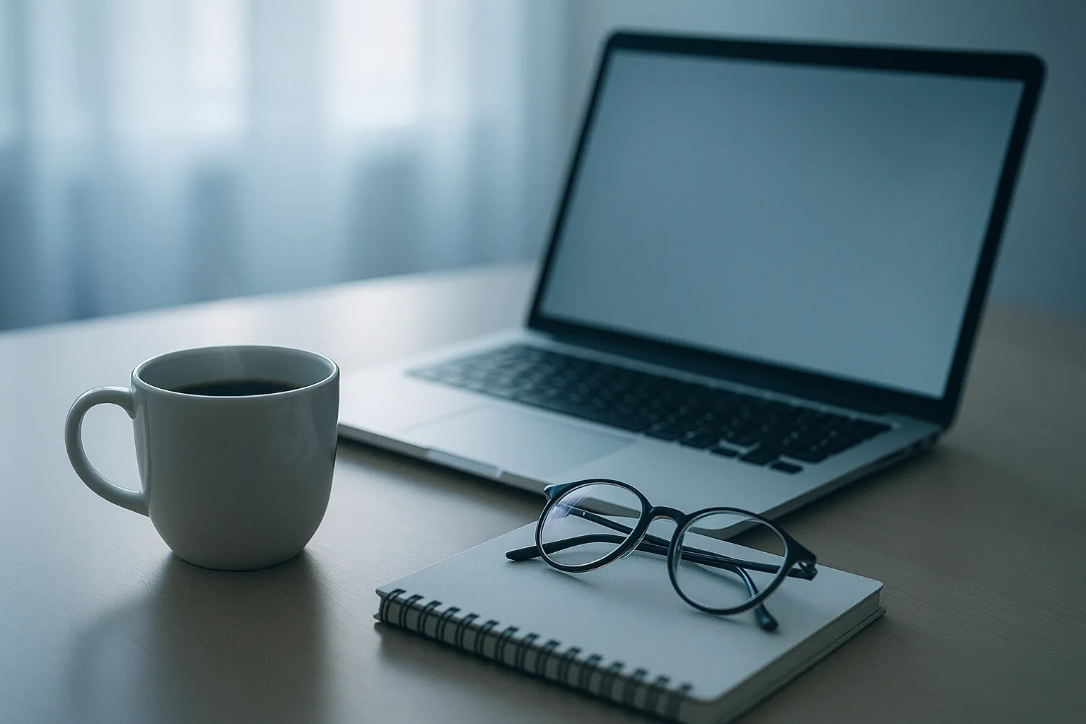 A clean minimal desk with an open laptop, a cup of coffee, and a pair of glasses resting on a notebook, bright soft daylight, shallow depth of field, indigo and deep blue ambient color grading