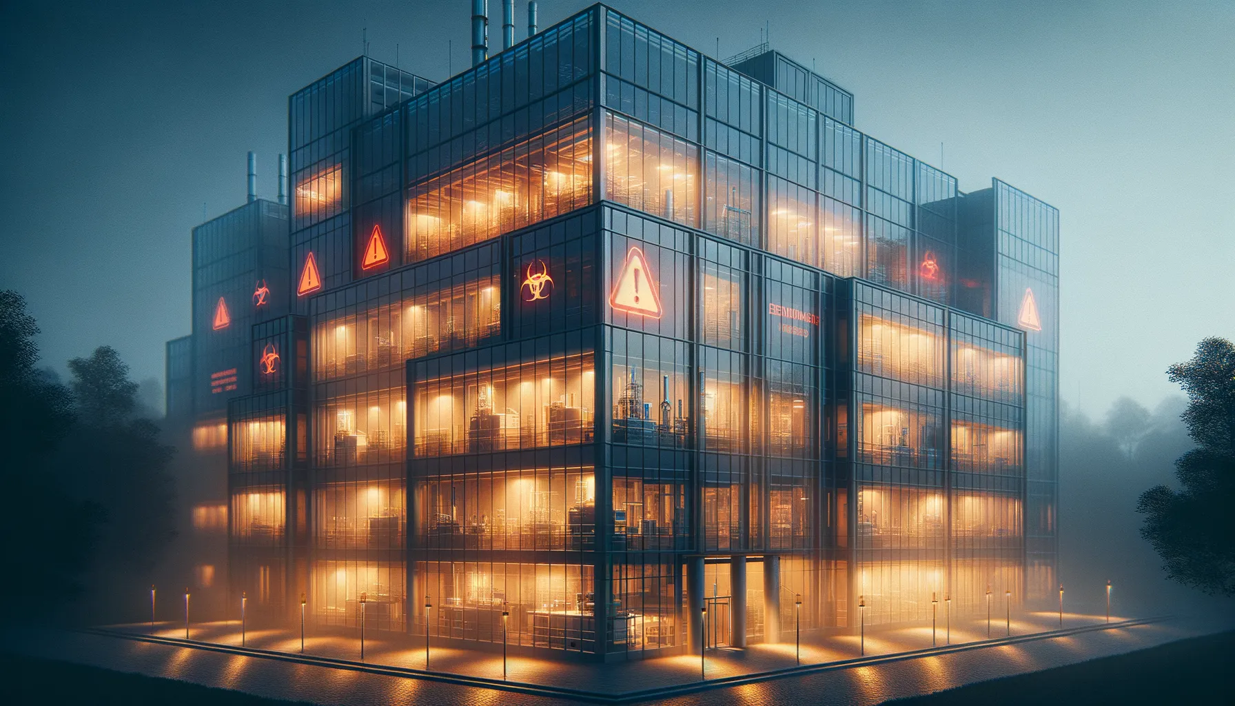University research building exterior at dusk with laboratory lights glowing through windows