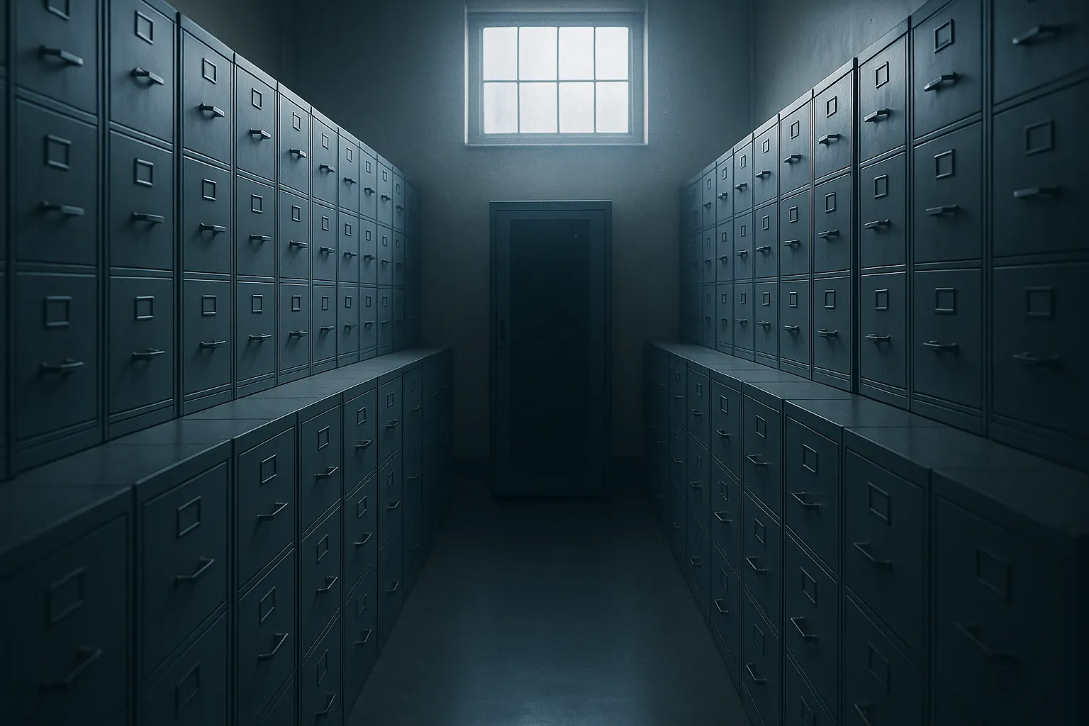 A quiet government records room with rows of grey metal filing cabinets and a closed server cabinet at the end of the aisle, lit by daylight from a high window