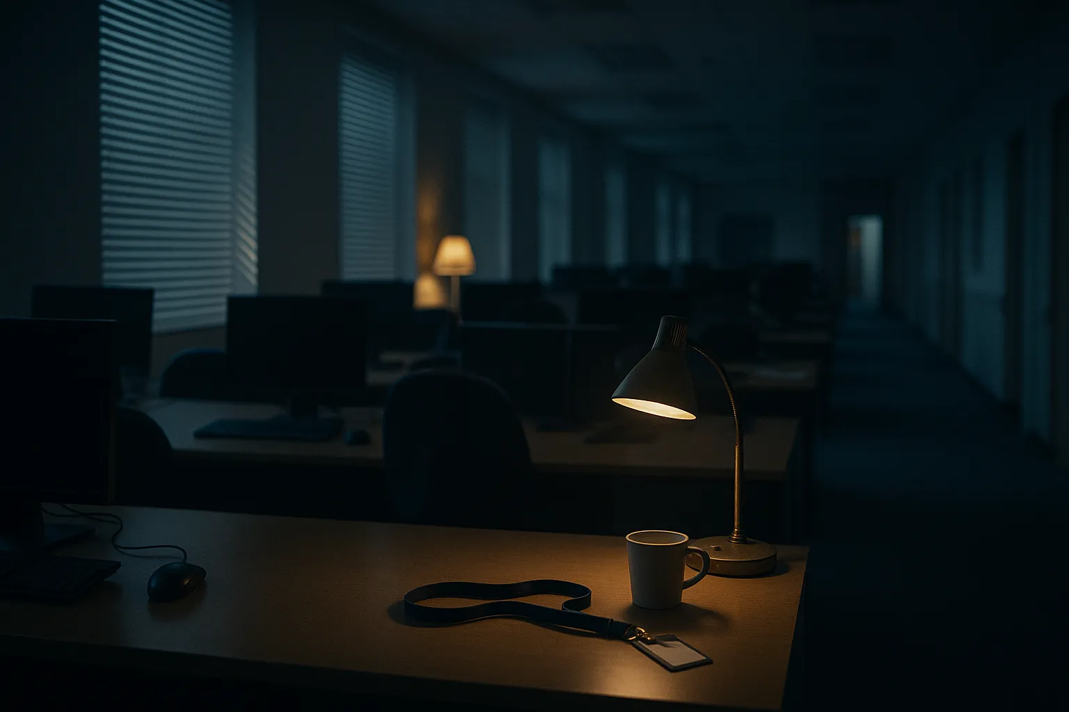 A dimly lit UK police station duty desk at night with a computer monitor glowing and a lanyard resting beside the keyboard
