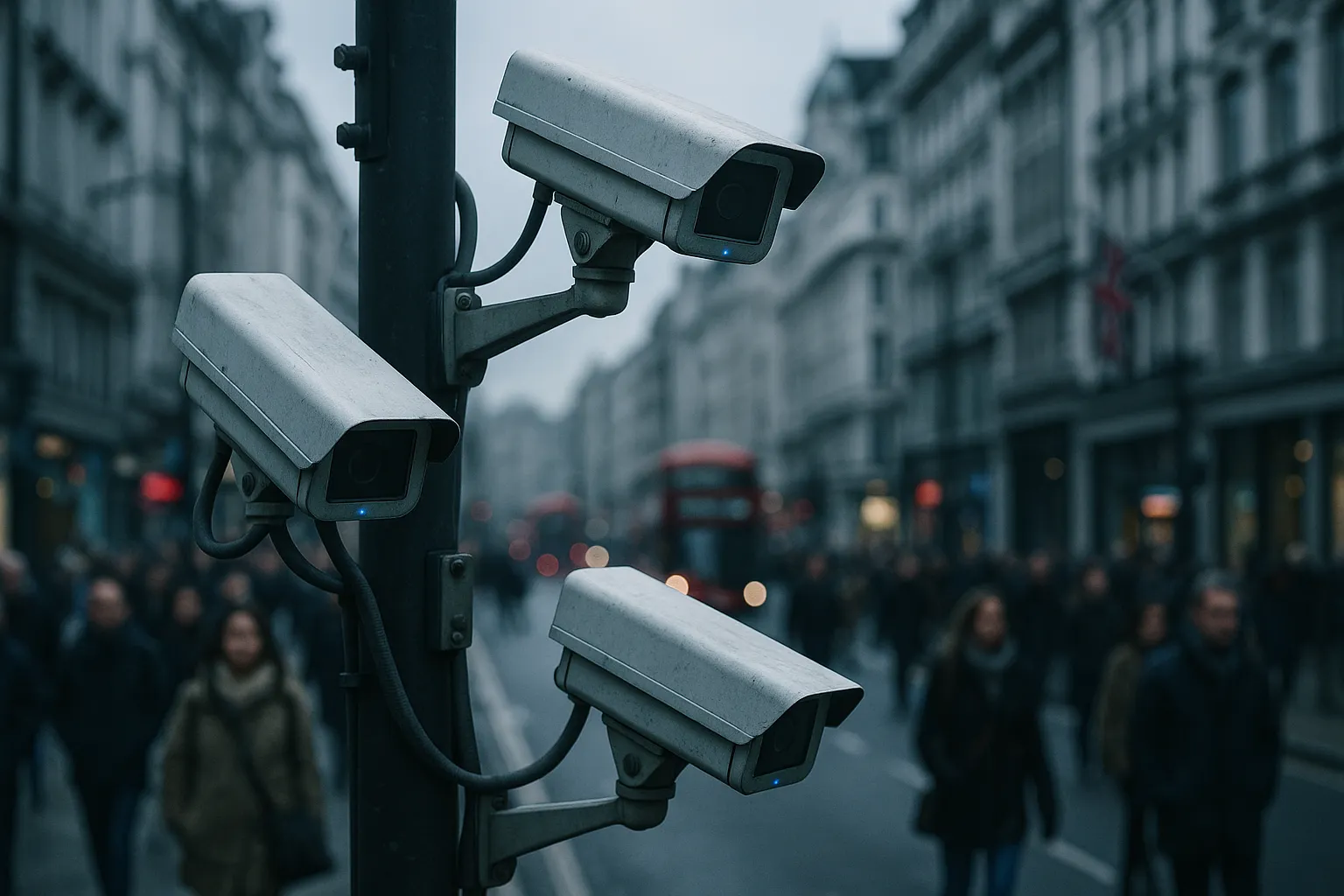 Surveillance cameras on a pole overlooking a busy London street with pedestrians walking below