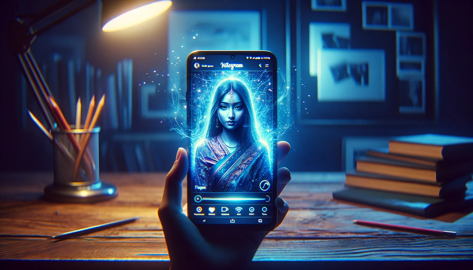 A smartphone screen showing a social media app with a glowing AI interface overlay distorting a photograph in indigo and blue tones