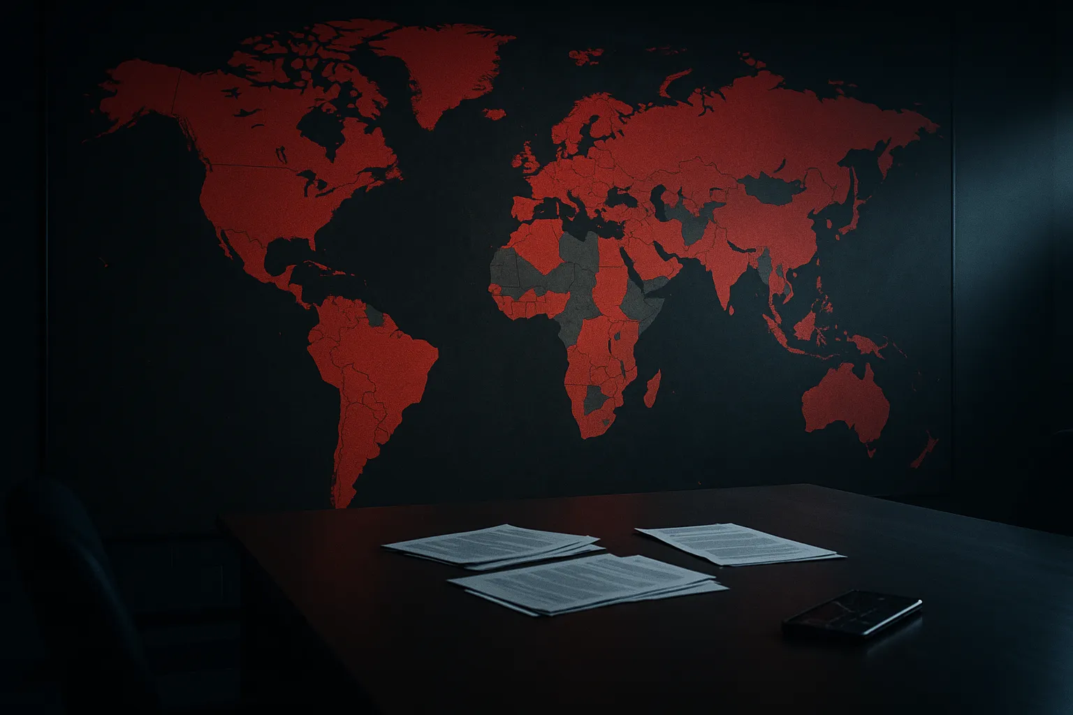 A world map in a government briefing room with countries highlighted in red, representing the 100 nations with commercial spyware capability