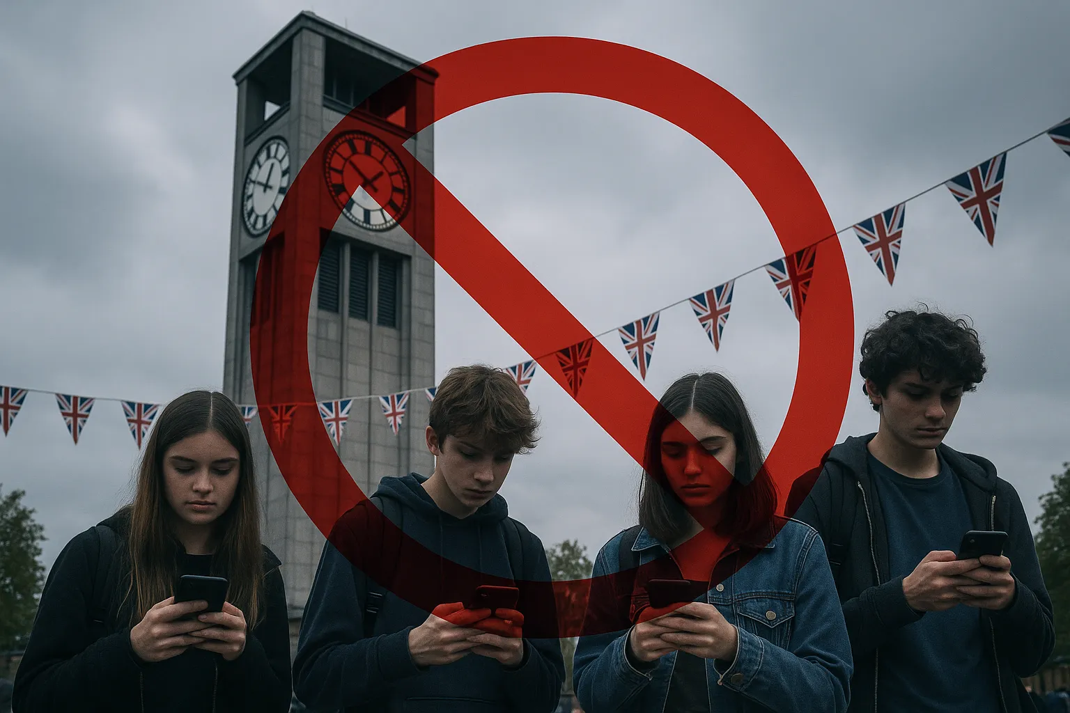 British city street scene with teenagers on smartphones and CCTV cameras
