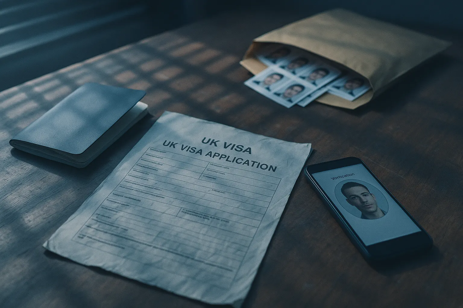 A worn UK visa application form on a wooden desk next to an opened passport with a blank cover and a phone showing a verification selfie screen