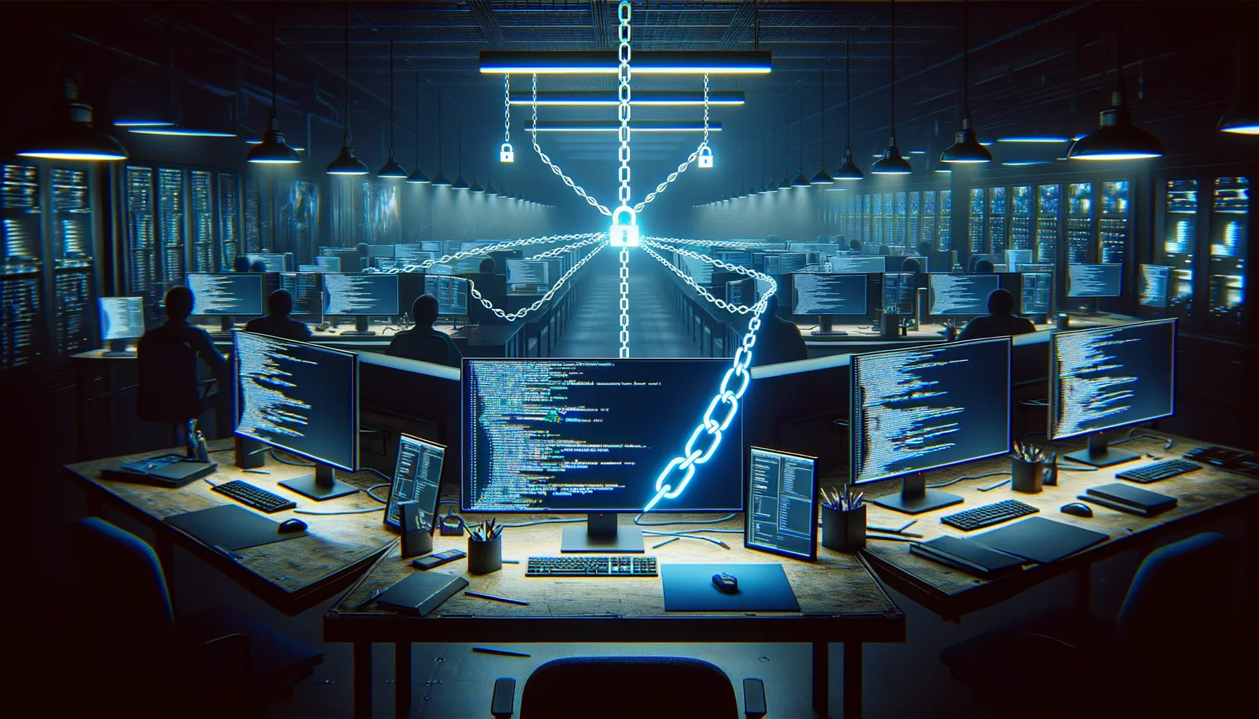 Developer workstation with multiple monitors showing code and terminal windows with chain of connected locks representing supply chain security