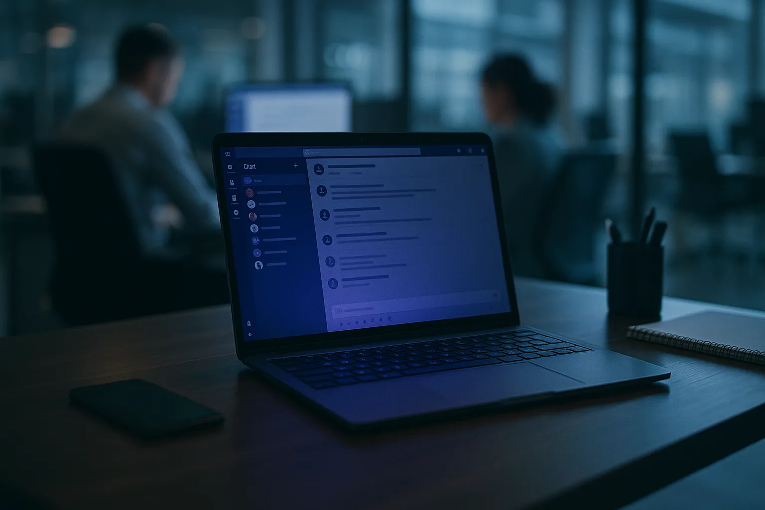 Corporate office with a laptop showing Microsoft Teams chat, symbolizing social engineering attacks through workplace communication tools