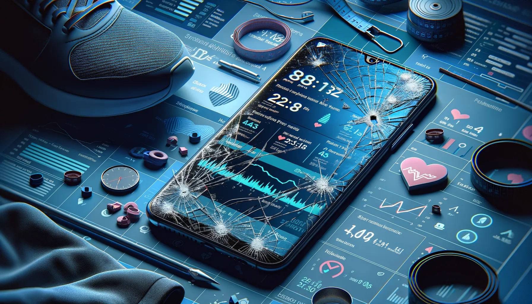 Cracked smartphone screen showing fitness app with personal data exposed representing data breach