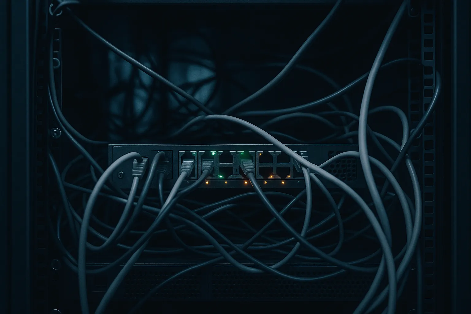 An abstract photograph of network cables and a small switch glowing softly on a server rack, suggesting traffic routing between shared infrastructure tenants