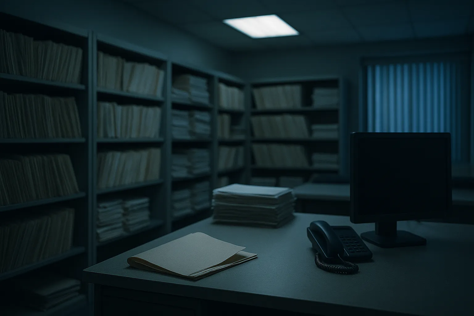 Rows of unattended medical billing folders and patient paperwork stacked in a quiet clinic back office
