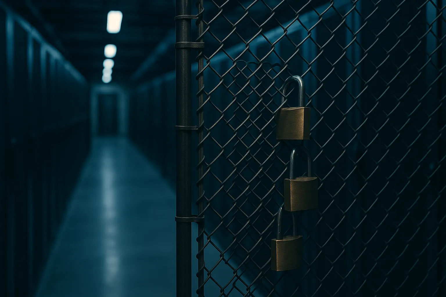 A padlocked chain link security cage in the foreground of a dim data center corridor with server racks receding behind it, illustrating controls that stop at the boundary of a vendor's environment