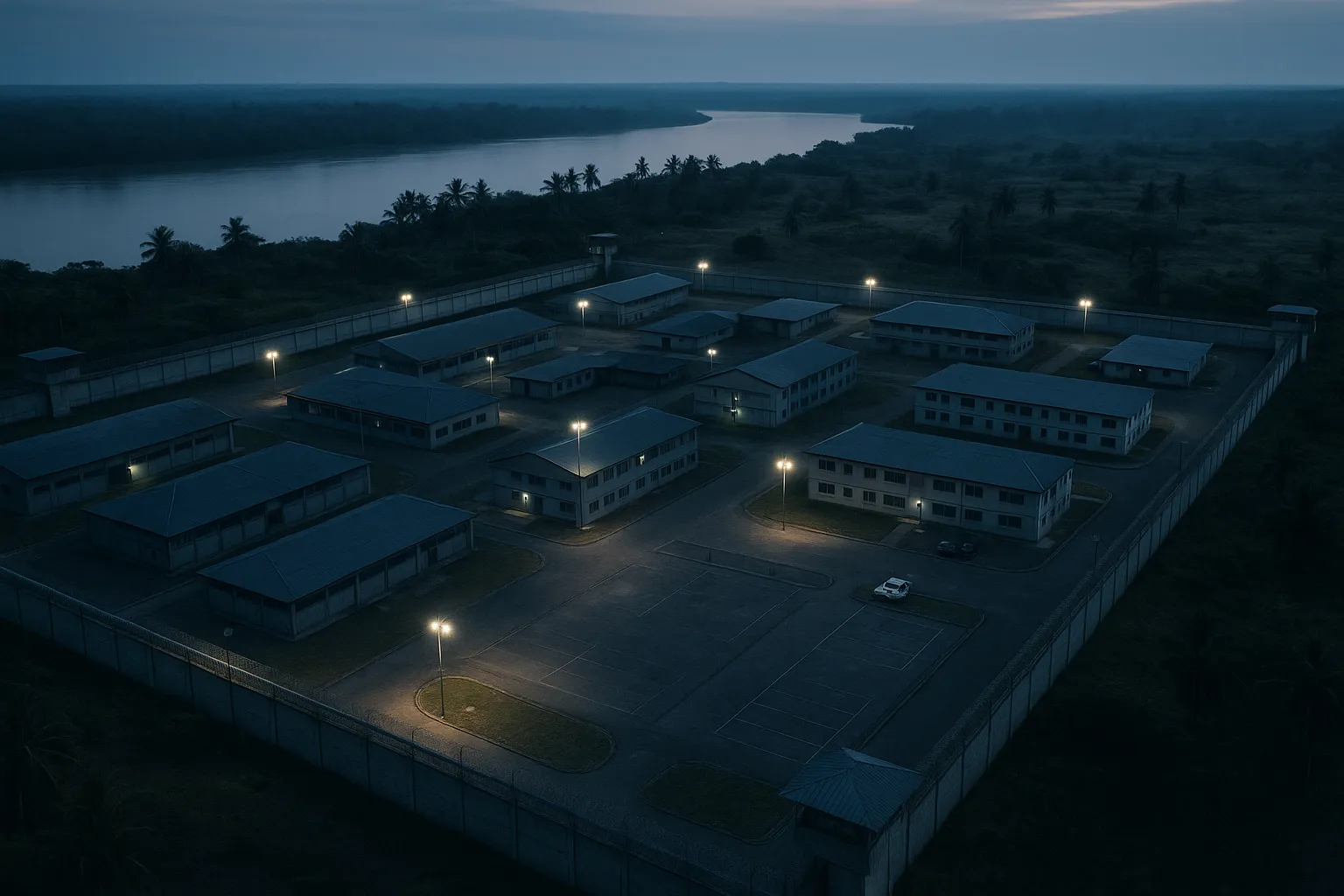 Aerial view at dusk of a walled compound of low industrial buildings and dormitory blocks beside a wide river in a flat tropical landscape, floodlights switching on over empty courtyards