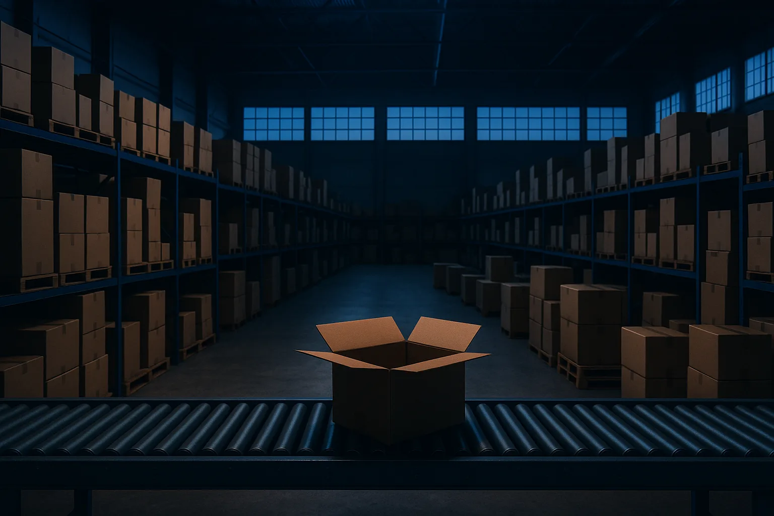 Cardboard parcels on a conveyor line inside a dim warehouse, shipping labels visible under cool blue light