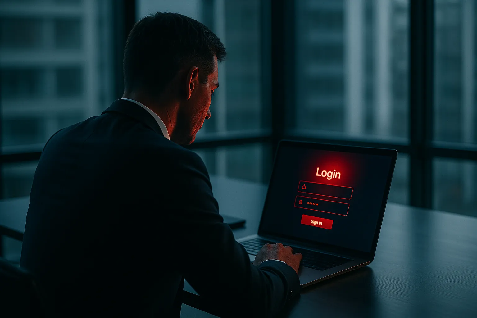 A business executive at a desk looking at a laptop screen with an ominous glow