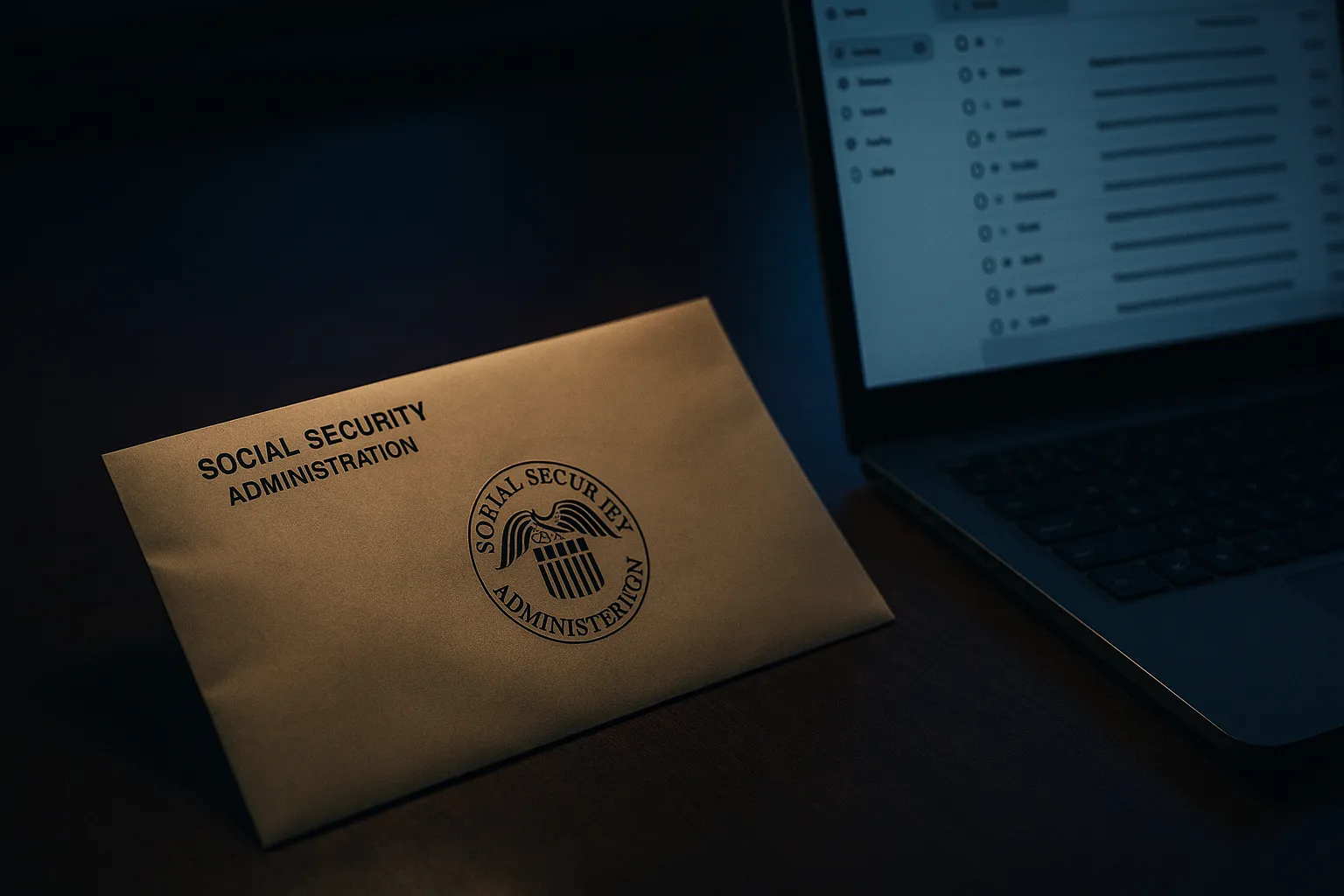 A government style envelope and laptop on a desk illustrating a phishing email impersonating the Social Security Administration
