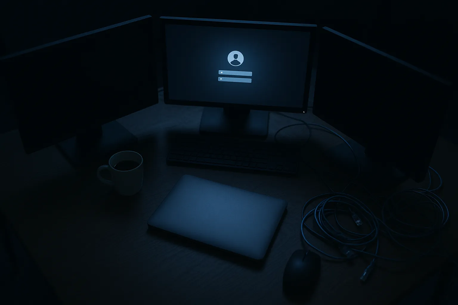 Developer workstation at night showing tangled cables and a locked laptop, representing a cloud infrastructure breach that cascaded from a compromised Google Workspace account