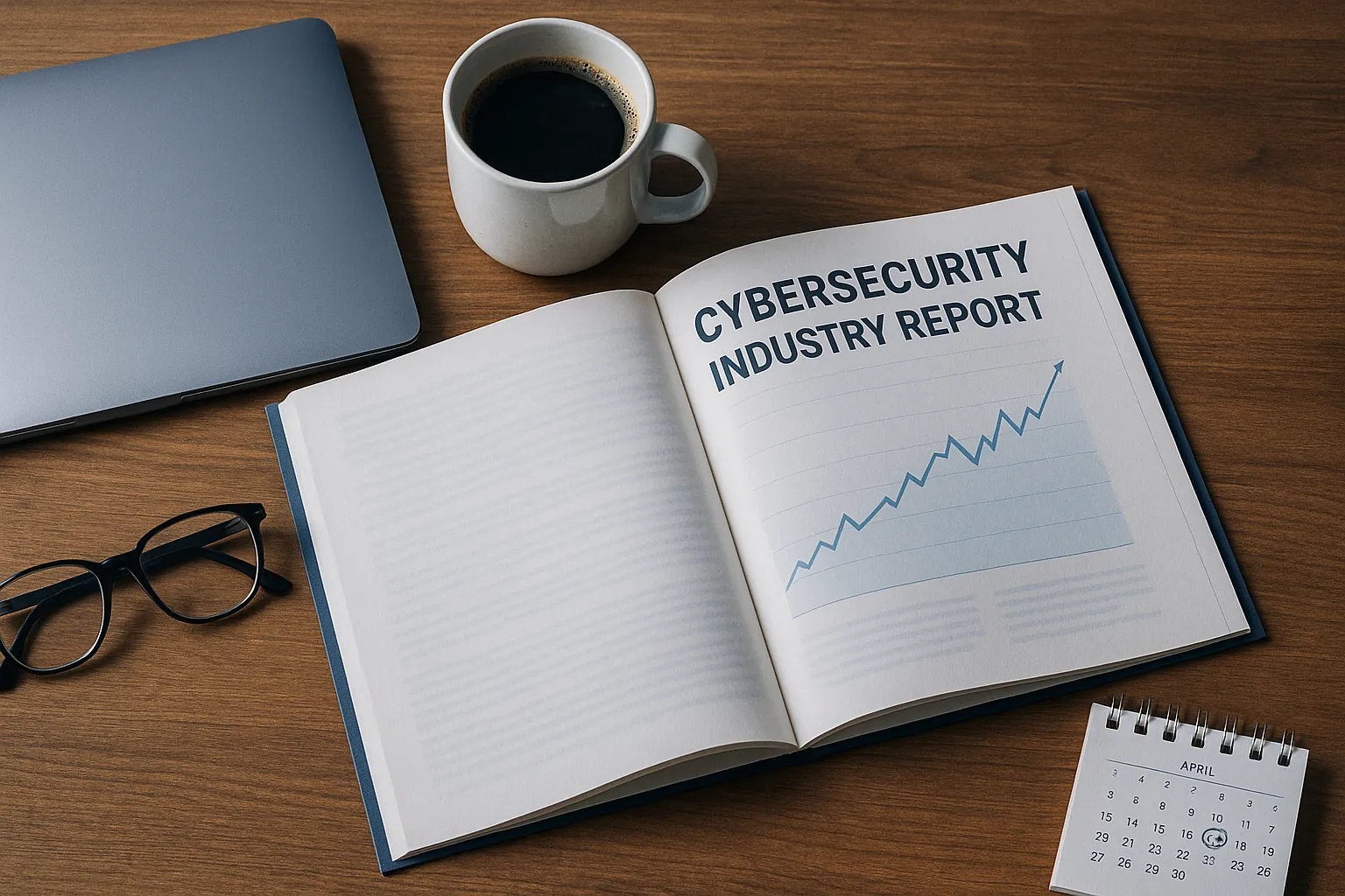 An overhead view of a workstation showing the cover page of a printed cybersecurity report next to an open laptop with a graph trending upward, representing the rising share of breaches caused by exploited vulnerabilities