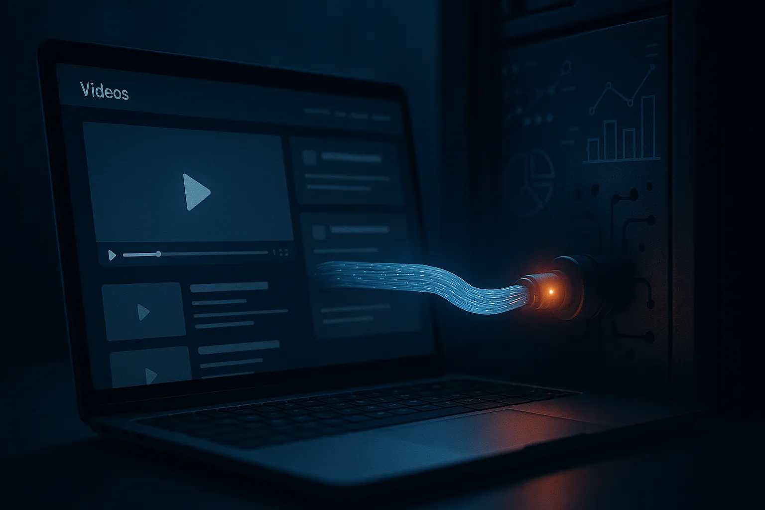 Laptop with a video streaming interface connected by a glowing blue data pipeline to a darkened server rack, with a small red breach indicator on the cable