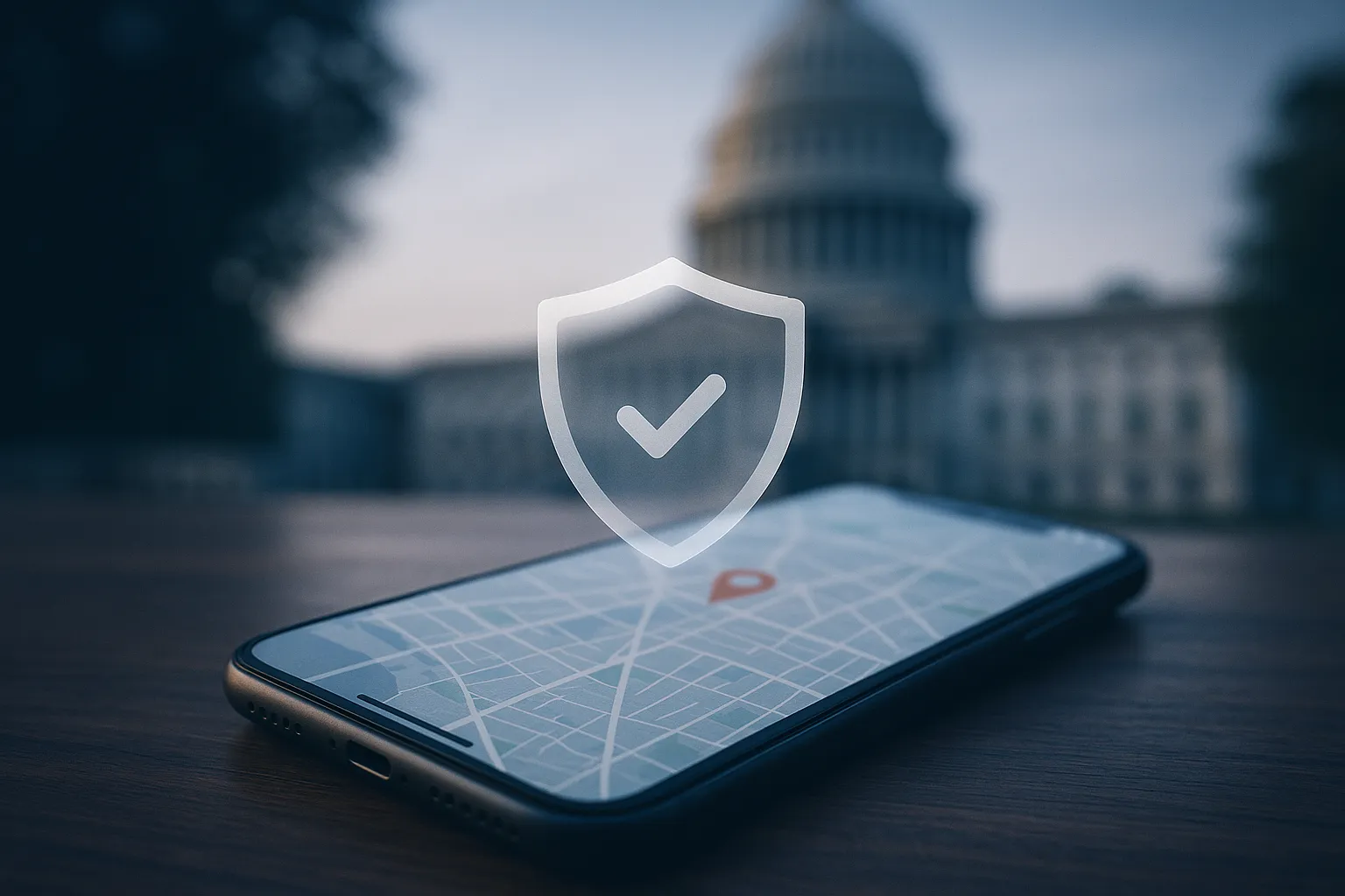 A smartphone on a wooden table displaying a blurred map location pin with a translucent shield overlay, symbolizing geolocation data privacy protection