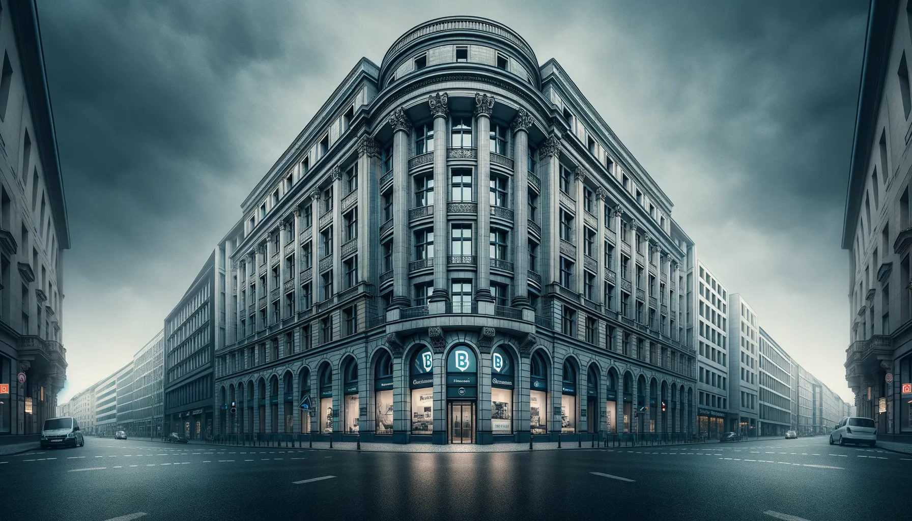 German government regulatory building with imposing architecture and a telecom store visible across the street