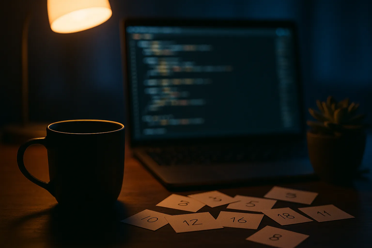 A developer's desk at night with an open laptop showing blurred lines of code, a coffee mug, scattered index cards, and a small succulent plant, indigo and blue tones