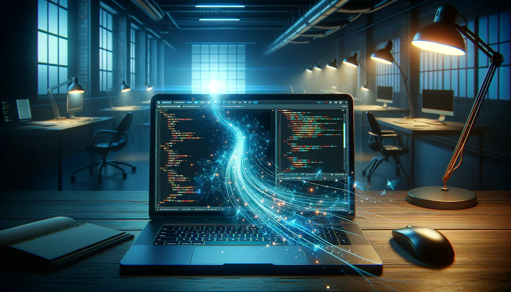 Developer laptop screen showing code in an IDE with subtle data streams flowing outward representing silent exfiltration