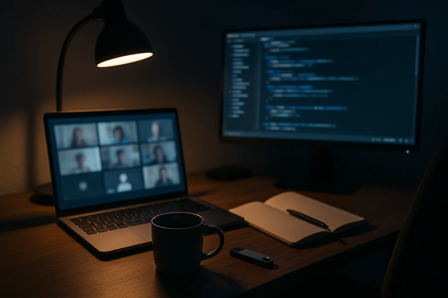 A developer's empty home desk at night with a laptop showing a blurred video call grid, a second monitor with an out of focus code editor, and a small hardware device beside the notebook