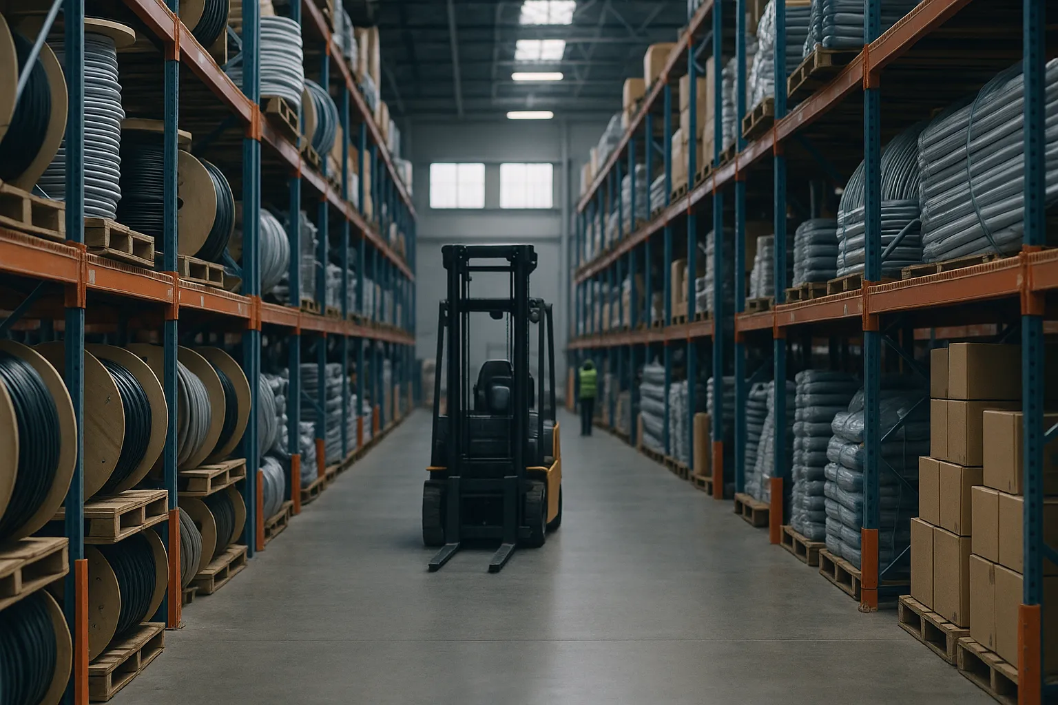 Industrial electrical supply distribution warehouse aisle with racking full of cable spools and conduit under natural daylight, representing a Fortune 500 distributor investigating a cloud CRM incident