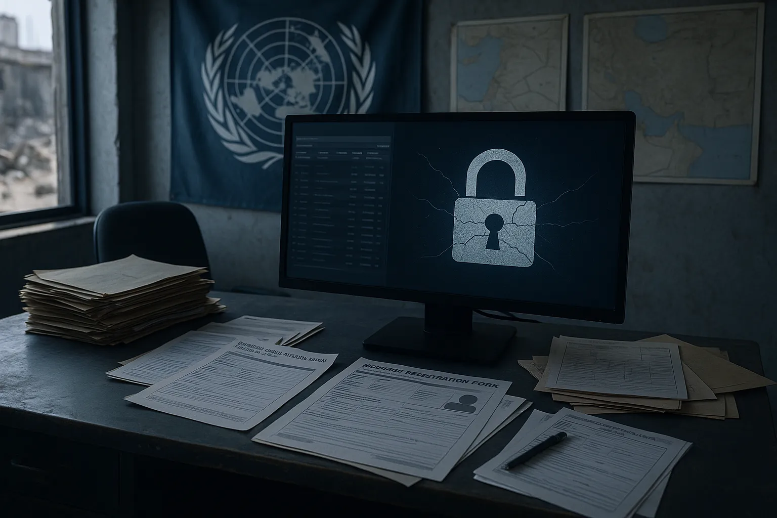 UN humanitarian aid field office with a monitor showing a database security breach alert, registration forms on a desk, maps on the wall, indigo and blue tones