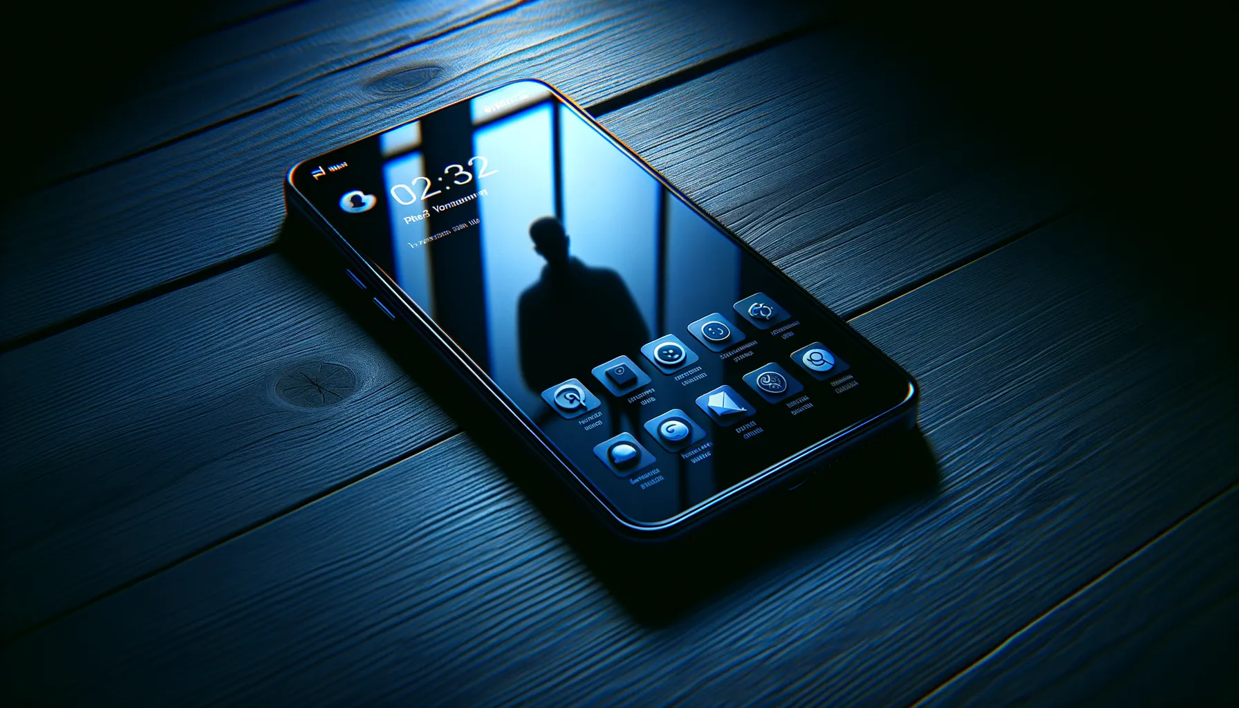 Smartphone on dark table showing a messaging app with subtle surveillance overlay