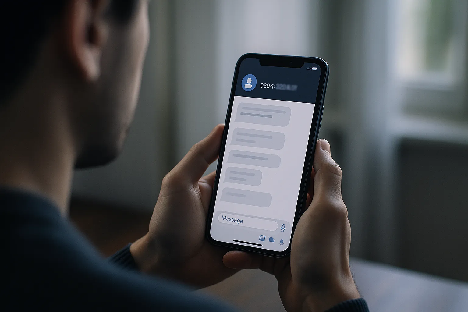 A person holding a smartphone showing a messaging app with an obscured phone number, in soft indoor light, suggesting privacy and identity protection