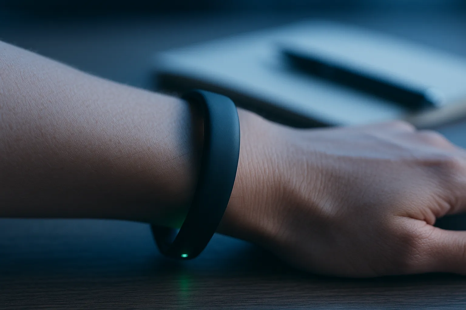 A wrist wearing a thin sleek black smart fitness band on a wooden desk with soft natural light, a small green sensor light glowing on the underside of the band, ambient indigo and blue color grading, blurred notebook and pen in the background