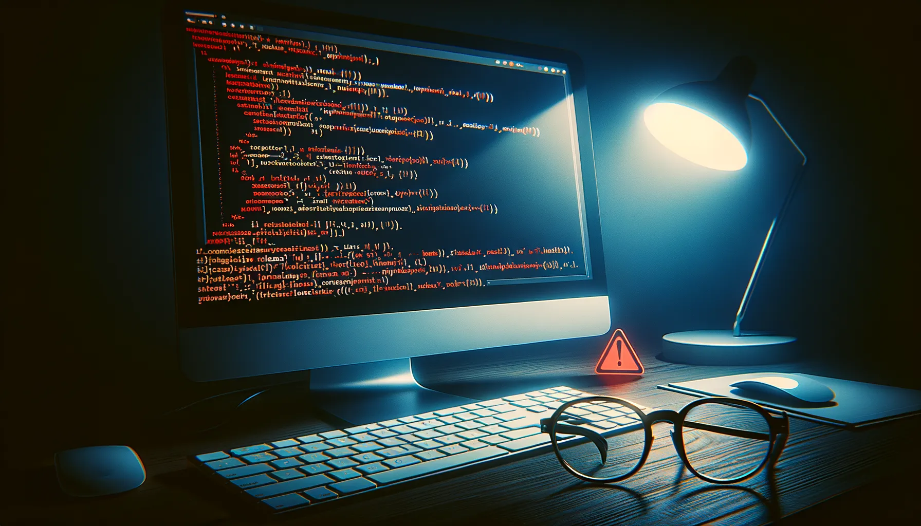 Close up of a computer screen displaying JavaScript code with a red warning overlay in a dimly lit workspace