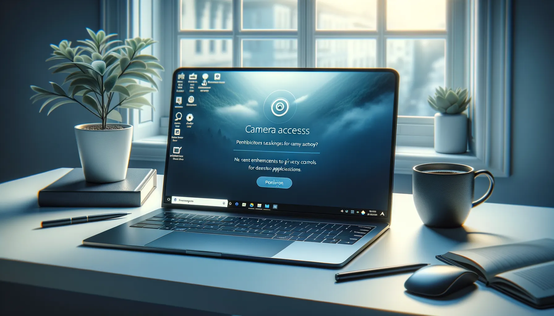 A modern laptop displaying a Windows 11 desktop with a permission dialog box, set on a clean desk in a bright office environment, representing new privacy controls for desktop applications