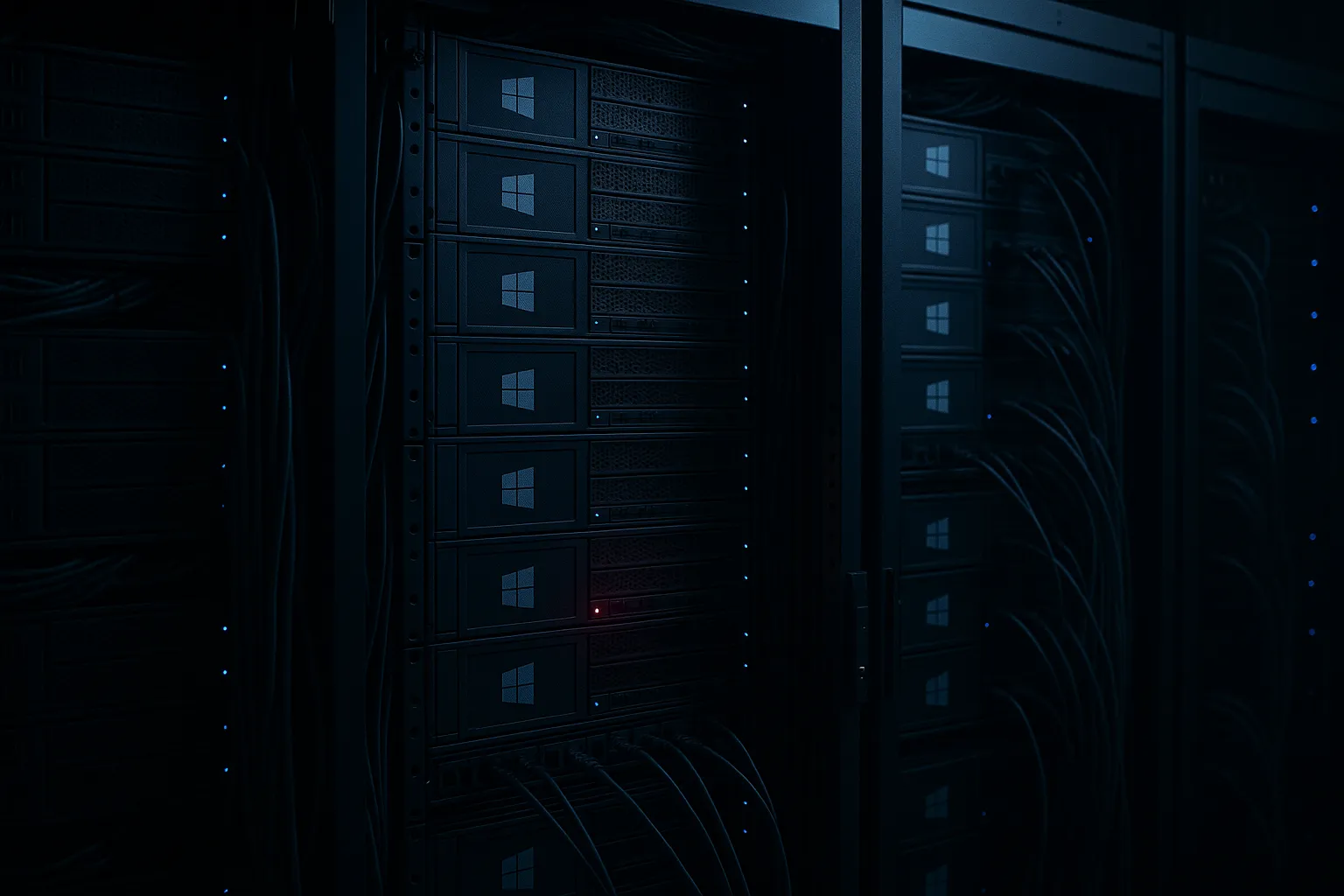 A photograph of a darkened server room rack with a single Windows domain controller chassis lit by a small red status indicator, indigo and blue tones