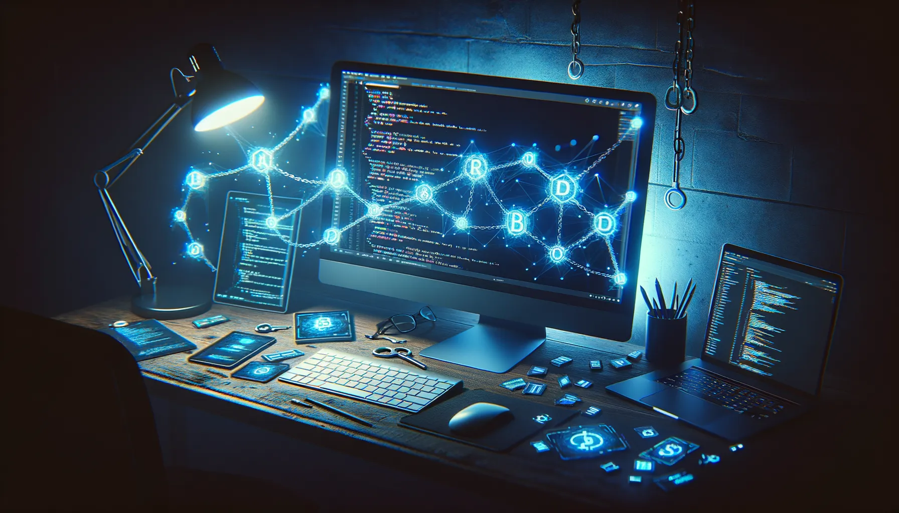 Dark code editor screen with glowing blockchain chain links overlaid representing malware hidden in blockchain transactions