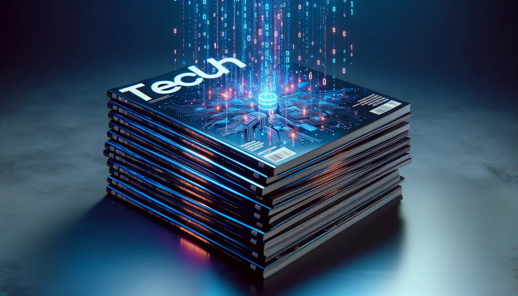 Stack of tech magazines with digital data streams leaking from between the pages representing a data breach