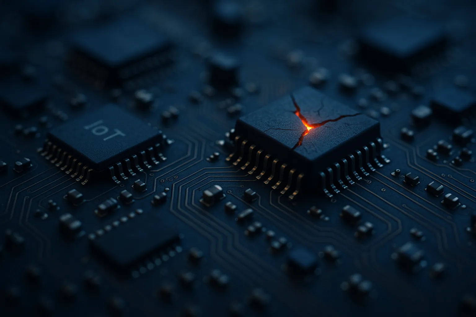 Close-up of an IoT circuit board with a fractured microchip glowing red, symbolizing a hidden cryptographic vulnerability