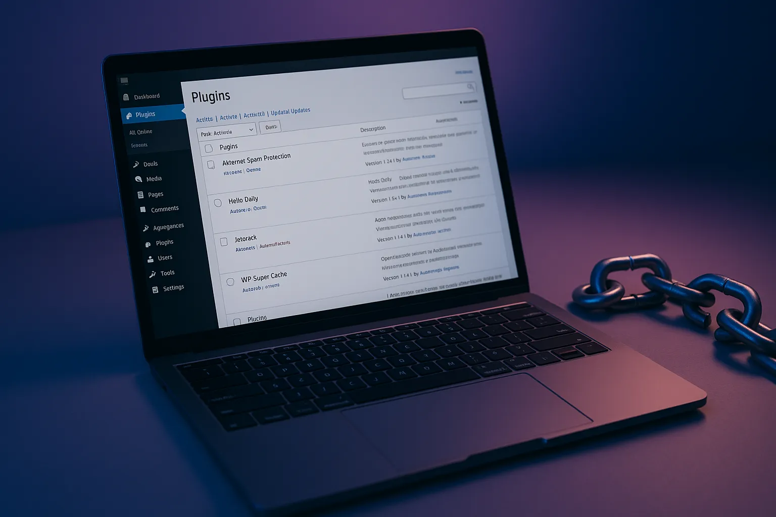 A laptop displaying a WordPress dashboard with a warning indicator on the plugins page, with a broken chain link beside it symbolizing a supply chain attack